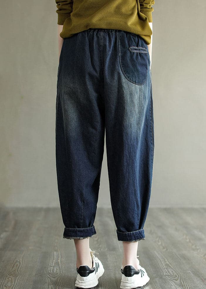 Simple Navy Elastic Waist Striped Line Pocket Cotton Denim Harem Pants Spring NZ-CPTS220627