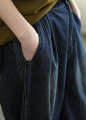 Simple Navy Elastic Waist Striped Line Pocket Cotton Denim Harem Pants Spring NZ-CPTS220627