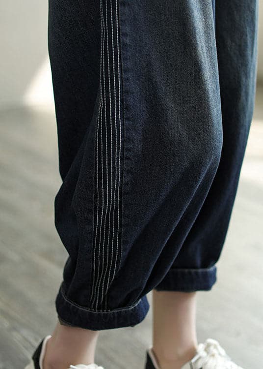 Simple Navy Elastic Waist Striped Line Pocket Cotton Denim Harem Pants Spring NZ-CPTS220627