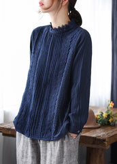 Simple Navy Stand Collar Wrinkled Lace Patchwork Button Cotton Tops Long Sleeve GK-LTP220804