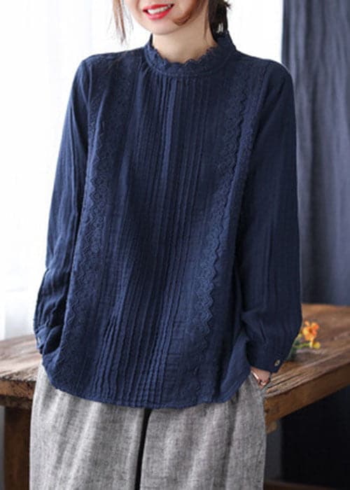 Simple Navy Stand Collar Wrinkled Lace Patchwork Button Cotton Tops Long Sleeve GK-LTP220804