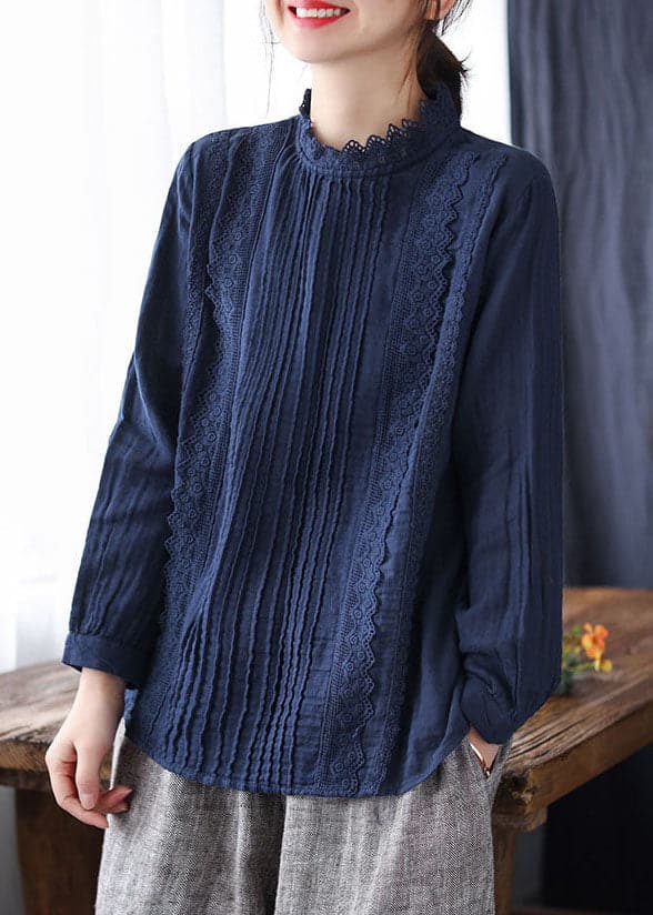 Simple Navy Stand Collar Wrinkled Lace Patchwork Button Cotton Tops Long Sleeve GK-LTP220804