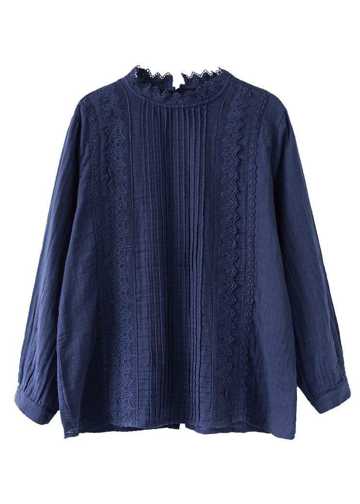 Simple Navy Stand Collar Wrinkled Lace Patchwork Button Cotton Tops Long Sleeve GK-LTP220804