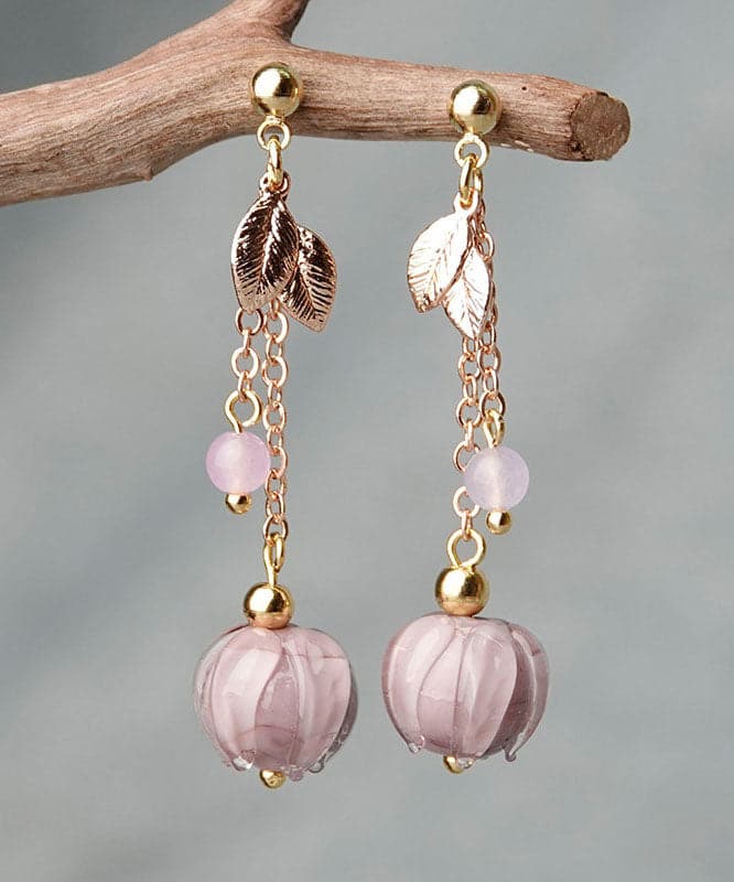 Simple Pink Coloured glaze Leaf Metal Drop Earrings Jew-EAR220805