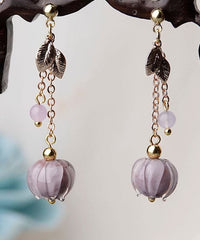 Simple Pink Coloured glaze Leaf Metal Drop Earrings Jew-EAR220805