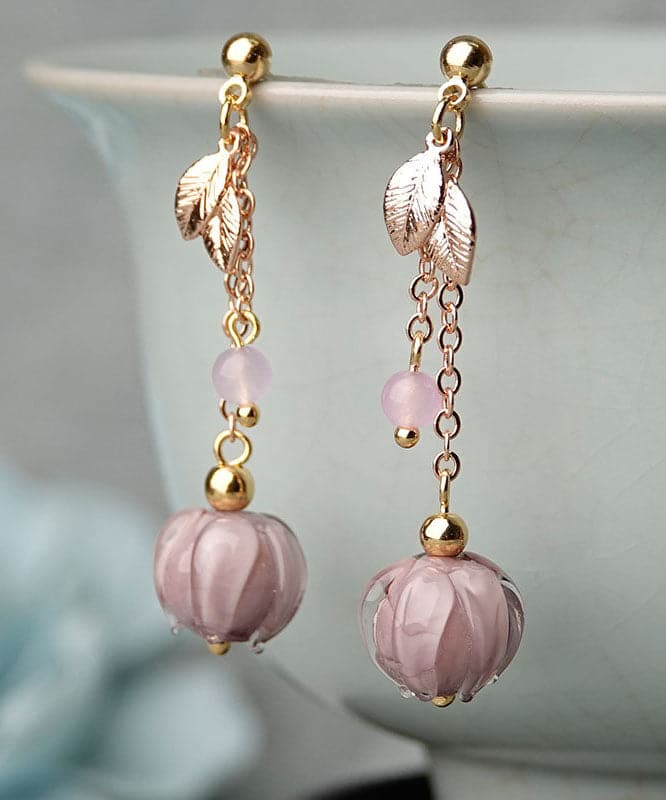 Simple Pink Coloured glaze Leaf Metal Drop Earrings Jew-EAR220805