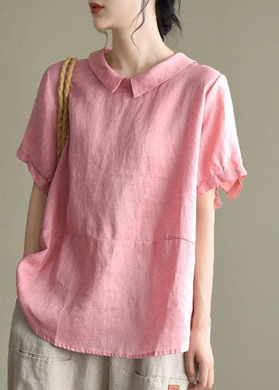 Simple Pink Peter Pan Collar Patchwork Summer Linen Blouses GK-STP210721