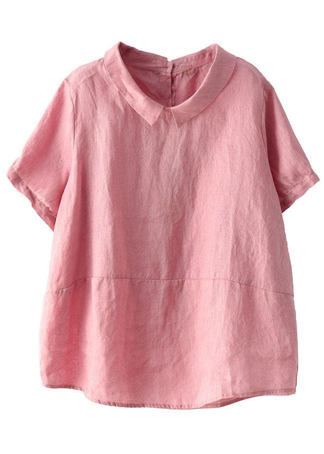 Simple Pink Peter Pan Collar Patchwork Summer Linen Blouses GK-STP210721