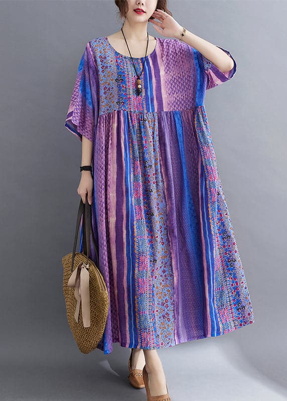 Simple Purple Wrinkled Patchwork Pockets Print Cotton Long Dress Half Sleeve GK-SDL220418