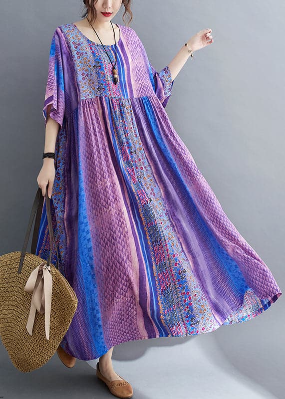 Simple Purple Wrinkled Patchwork Pockets Print Cotton Long Dress Half Sleeve GK-SDL220418