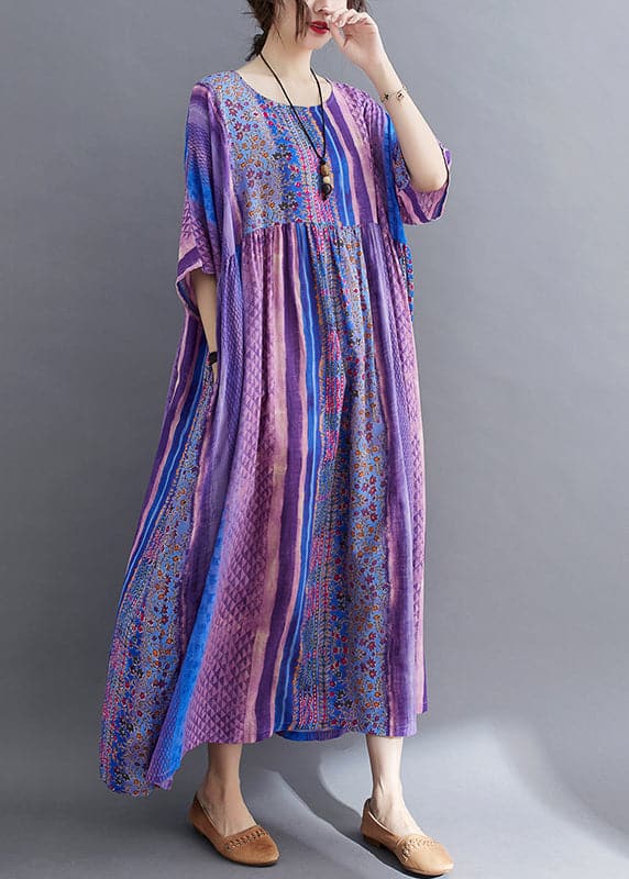 Simple Purple Wrinkled Patchwork Pockets Print Cotton Long Dress Half Sleeve GK-SDL220418