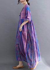 Simple Purple Wrinkled Patchwork Pockets Print Cotton Long Dress Half Sleeve GK-SDL220418