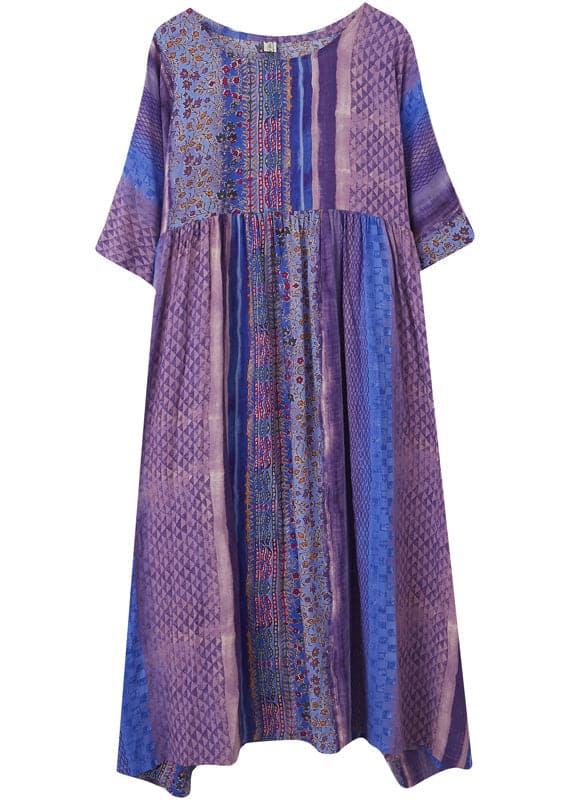 Simple Purple Wrinkled Patchwork Pockets Print Cotton Long Dress Half Sleeve GK-SDL220418