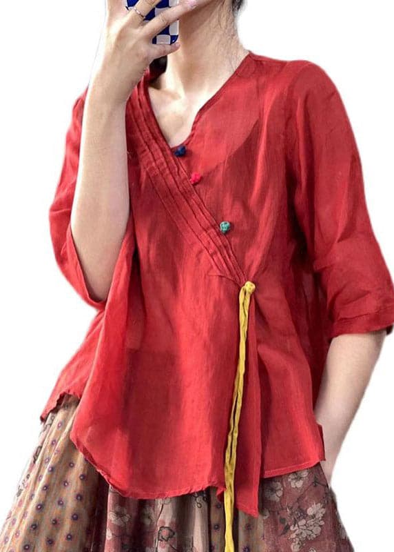 Simple Red V Neck Button Linen Shirt Half Sleeve gk-HTP220722