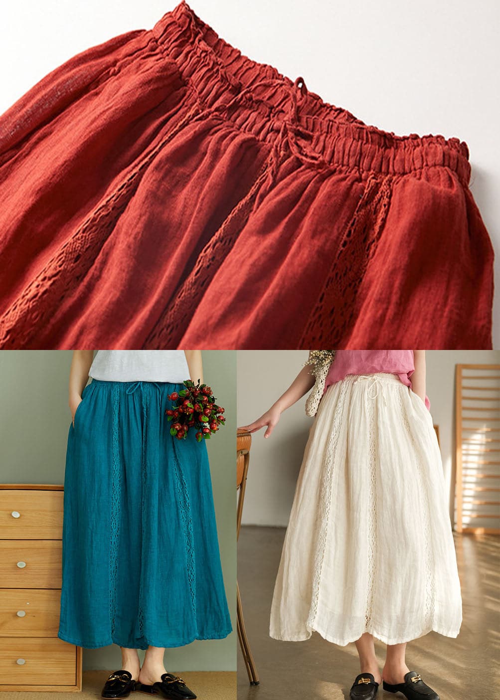 Simple Red lace Patchwork Linen Skirt Spring GK-SKTS220208