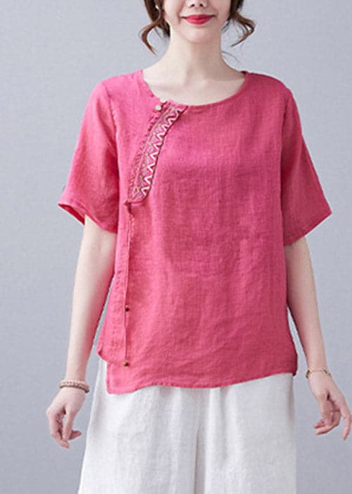 Simple Rose O-Neck Asymmetrical Design Embroideried Top Short Sleeve GK-STP220328