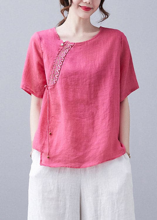 Simple Rose O-Neck Asymmetrical Design Embroideried Top Short Sleeve GK-STP220328