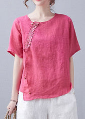 Simple Rose O-Neck Asymmetrical Design Embroideried Top Short Sleeve GK-STP220328