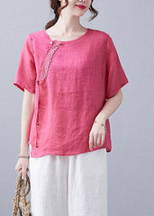 Simple Rose O-Neck Asymmetrical Design Embroideried Top Short Sleeve GK-STP220328