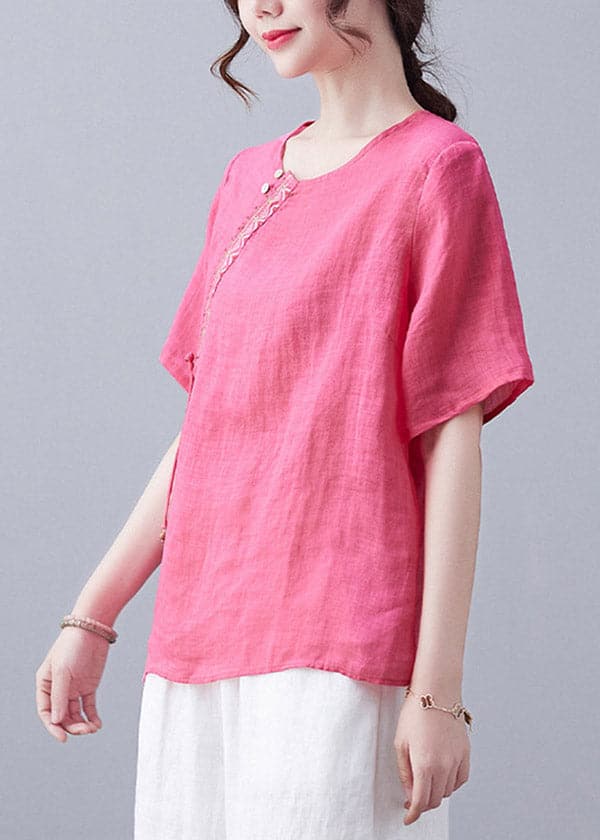 Simple Rose O-Neck Asymmetrical Design Embroideried Top Short Sleeve GK-STP220328