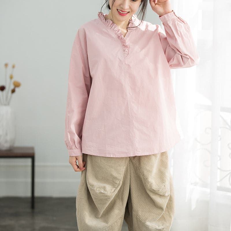 Simple Ruffles cotton top silhouette Omychic Sleeve light pink loose shirt LTP190129