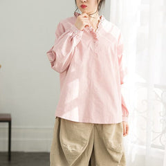 Simple Ruffles cotton top silhouette Omychic Sleeve light pink loose shirt LTP190129