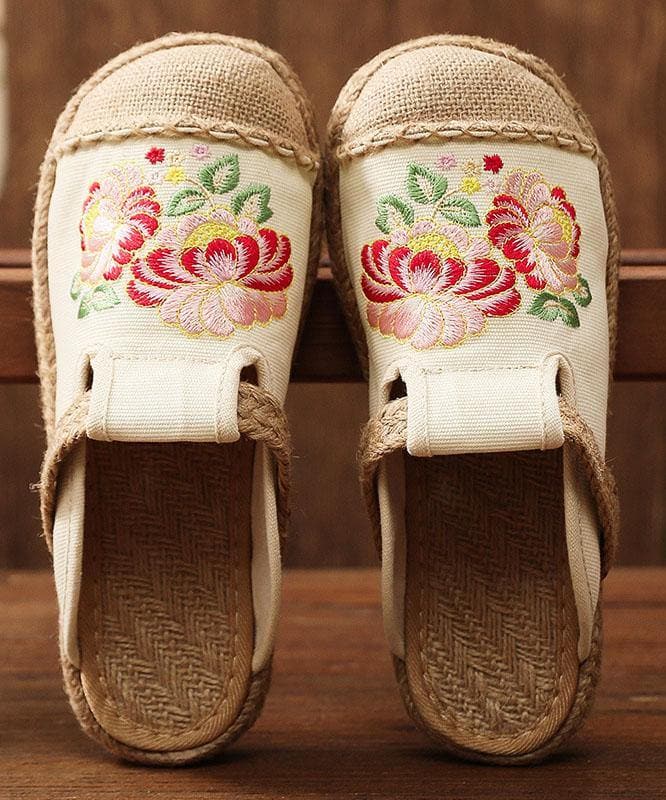 Simple Splicing Flat Shoes Beige Embroideried Cotton Linen Fabric LT210630