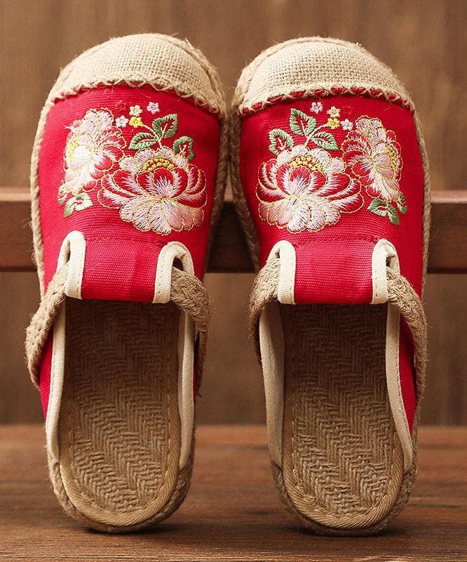 Simple Splicing Flat Shoes Beige Embroideried Cotton Linen Fabric LT210630