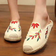 Simple Splicing Red Cotton Fabric Embroideried Slippers Shoes LT210706