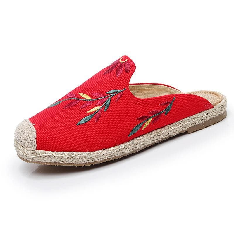 Simple Splicing Red Cotton Fabric Embroideried Slippers Shoes LT210706