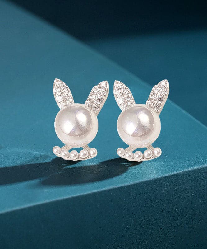 Simple White Cute Rabbit Zircon And Pearl Stud Earrings Jew-EAR220805