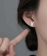 Simple White Cute Rabbit Zircon And Pearl Stud Earrings Jew-EAR220805