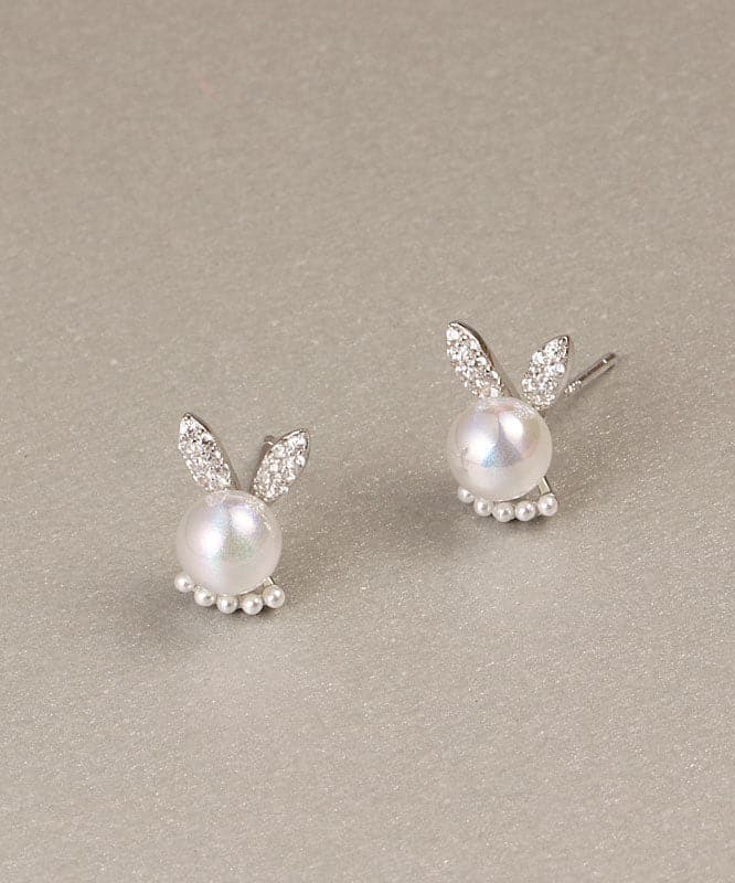 Simple White Cute Rabbit Zircon And Pearl Stud Earrings Jew-EAR220805