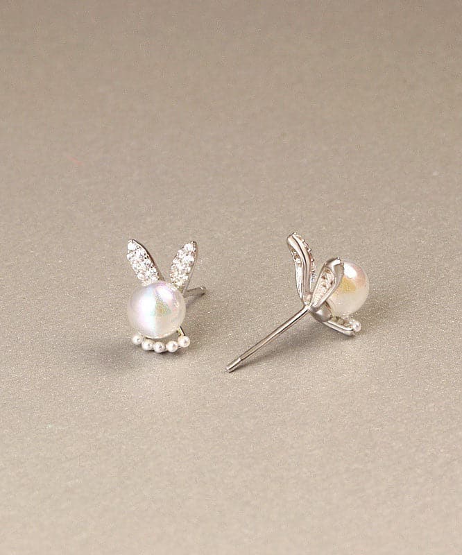 Simple White Cute Rabbit Zircon And Pearl Stud Earrings Jew-EAR220805