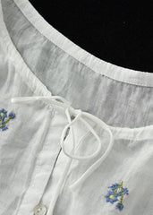 Simple White Embroideried O-Neck Summer Ramie Tops Half Sleeve GK-HTP210708