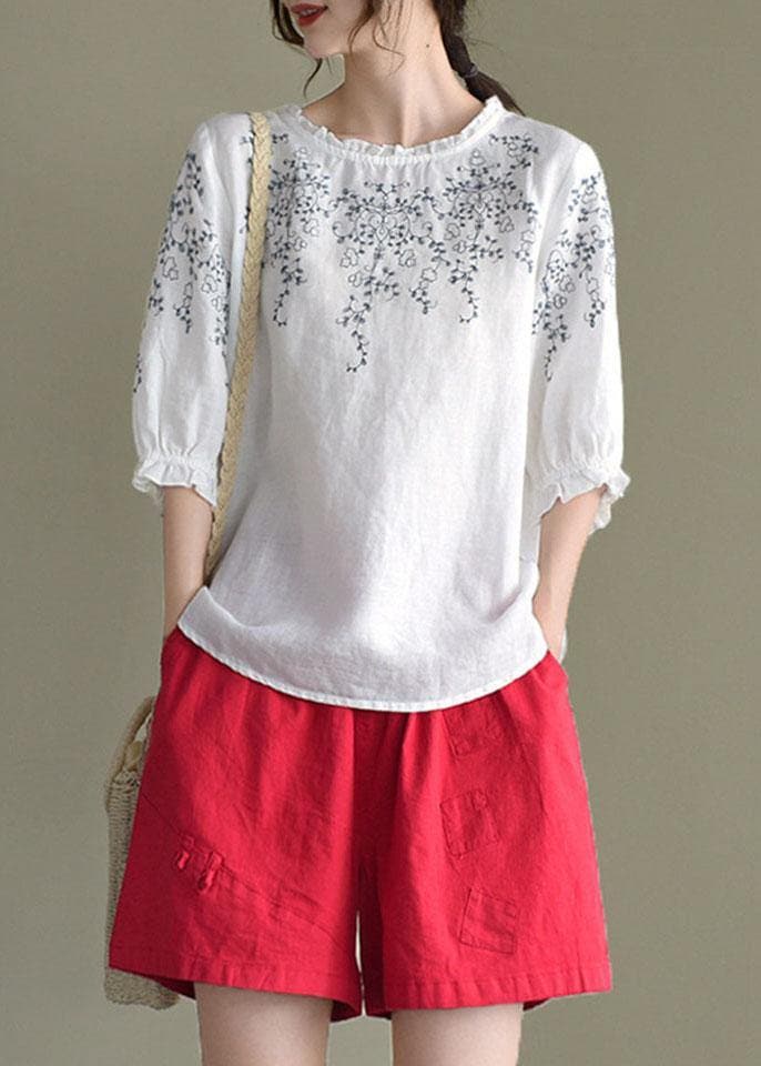 Simple White Loose O-Neck Embroideried Summer Linen Blouse Top GK-HTP210810