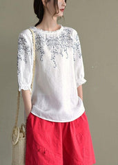 Simple White Loose O-Neck Embroideried Summer Linen Blouse Top GK-HTP210810