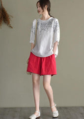 Simple White Loose O-Neck Embroideried Summer Linen Blouse Top GK-HTP210810