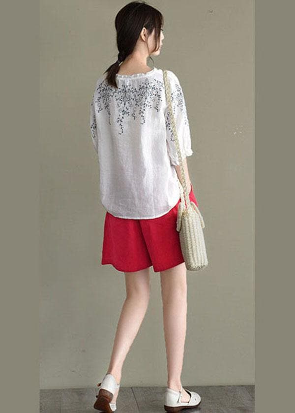 Simple White Loose O-Neck Embroideried Summer Linen Blouse Top GK-HTP210810