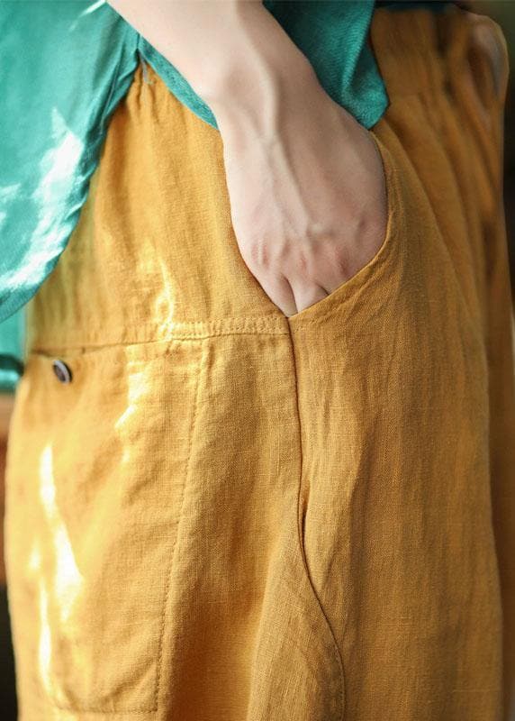 Simple Yellow Retro High Waist Pockets Summer Pants Linen GK-LPTS210721