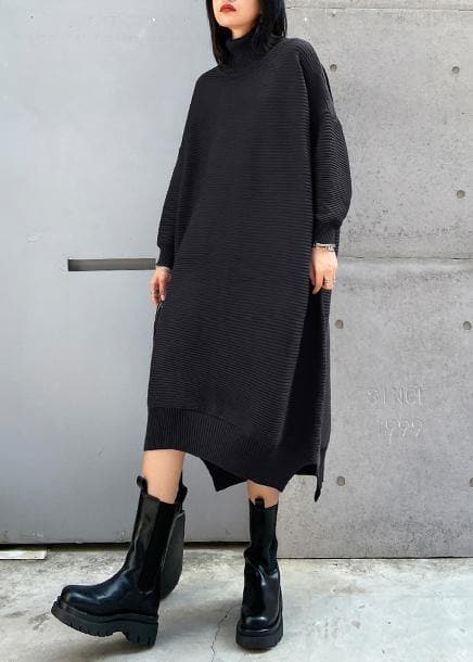 Simple black Sweater outfits Largo high neck low high design Art fall knit dress AT-NSD201014