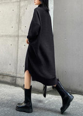 Simple black Sweater outfits Largo high neck low high design Art fall knit dress AT-NSD201014