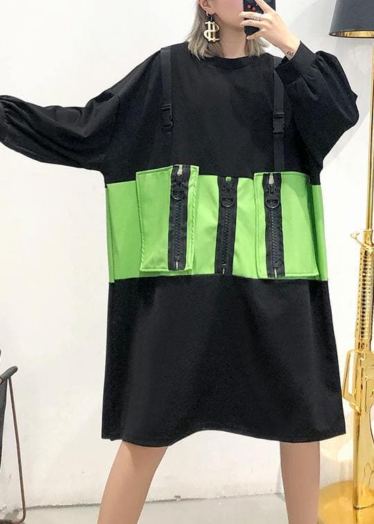 Simple black patchwork green Cotton Tunics o neck zippered Knee Dress AT-FDM191023