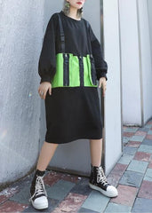 Simple black patchwork green Cotton Tunics o neck zippered Knee Dress AT-FDM191023