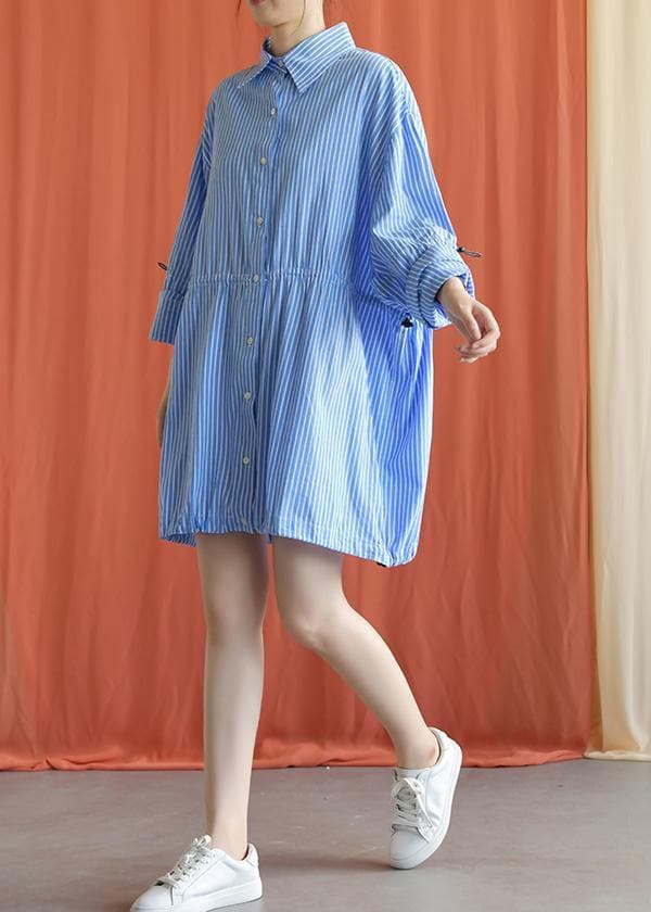 Simple blue Cotton dresses drawstring Knee fall Shirt Dresses FDM190827