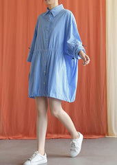 Simple blue Cotton dresses drawstring Knee fall Shirt Dresses FDM190827