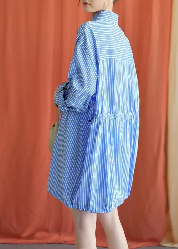 Simple blue Cotton dresses drawstring Knee fall Shirt Dresses FDM190827