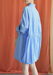 Simple blue Cotton dresses drawstring Knee fall Shirt Dresses FDM190827