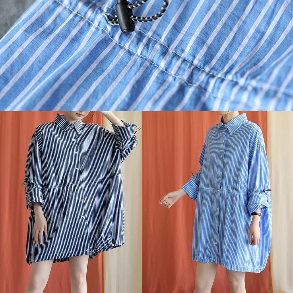 Simple blue Cotton dresses drawstring Knee fall Shirt Dresses FDM190827