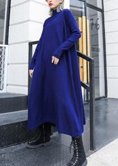 Simple blue Sweater dress outfit Street Style high neck pockets Ugly knit dresses AT-FDL201105